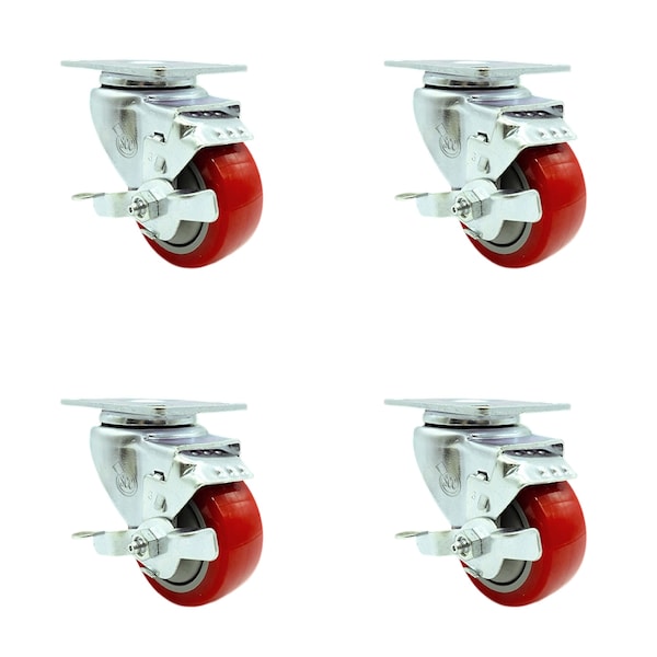 3.5 Inch Red Polyurethane Wheel Swivel Top Plate Caster Set with Brake SCC